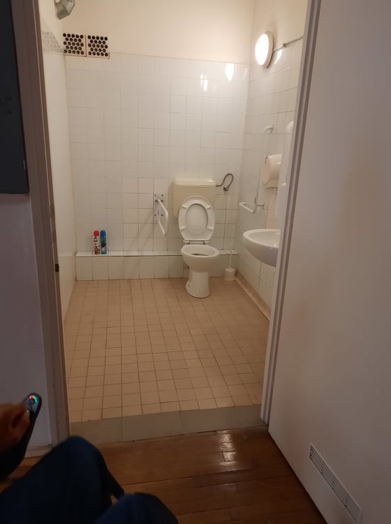 Egy mozgássérült wc található a képen. A velünk szemben lévő falon van a wc, mellette pedig a kapaszkodó. Jobb oldalon van a mosdókagyló. A falakon fehér csempe van.
