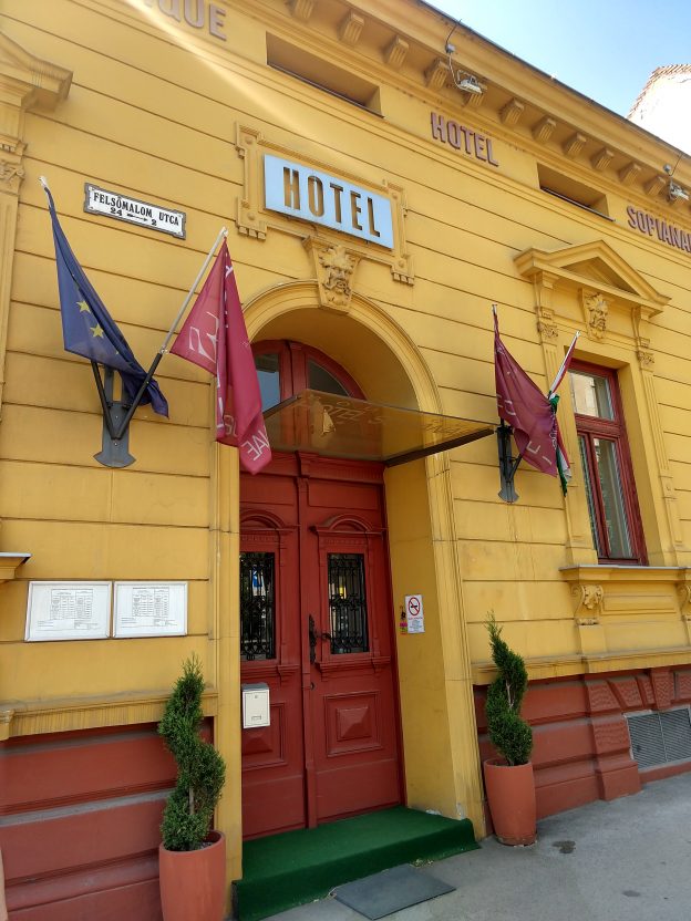 A Sopianae hotel bejáratának két szárnyas, boltíves ajtaja bordó színű, mindkét szárnyán fekete rácsos kisablak. Az ajtó előtt egy lépcsőfoknyi, zöld anyaggal beterített emelkedő. Az ajtó két oldalán két spirál alakúra metszett cserepes növény, illetve két-két zászló. Az ajtó felett HOTEL felirat, jobb oldalán egy két szárnyú ablak, ami felett egy ember arcról mintázott faldísz van. Az épület fala bordázott, felül sárga, alul bordó.