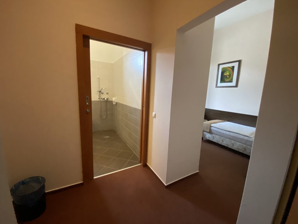 Előszoba bézs színű falakkal, barna padlószőnyeggel. Innen közelíthető meg a fürdő, illetve a hálószoba. Jobbra szemetesláda található.