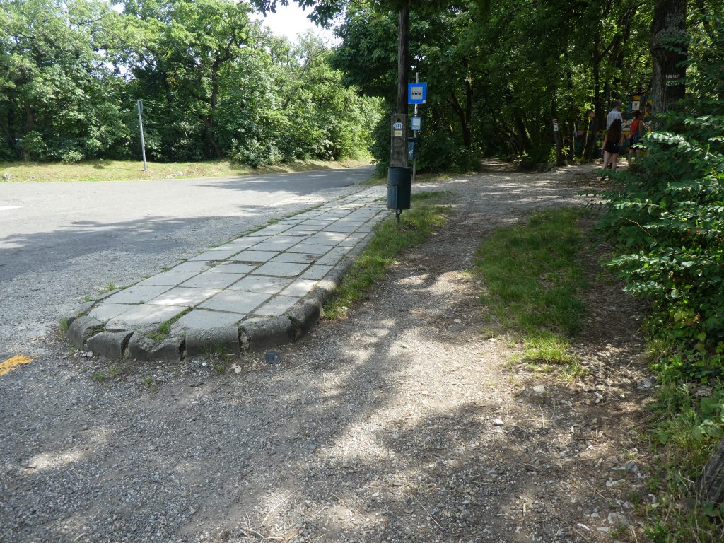 Ezen a képen látszik, hogy a buszmegálló egy magas platformon van, amiről kerekesszékkel nem lehet legurulni. Kb 10 cm magas. A buszmegálló erdő felőli részén van egy földes lankás rész, ezt lehet használni amíg nem akadálymentesítenek.