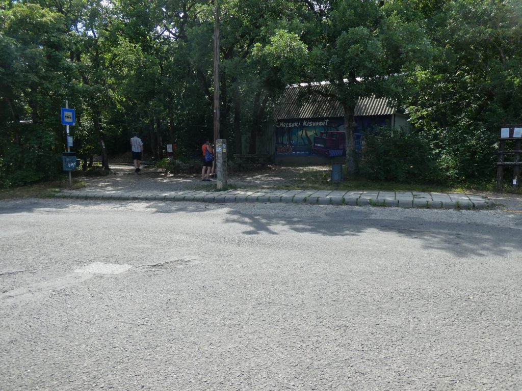 A buszmegálló szemből. Rögtön mögötte indul az erdei kisvasút, itt van a végállomása.