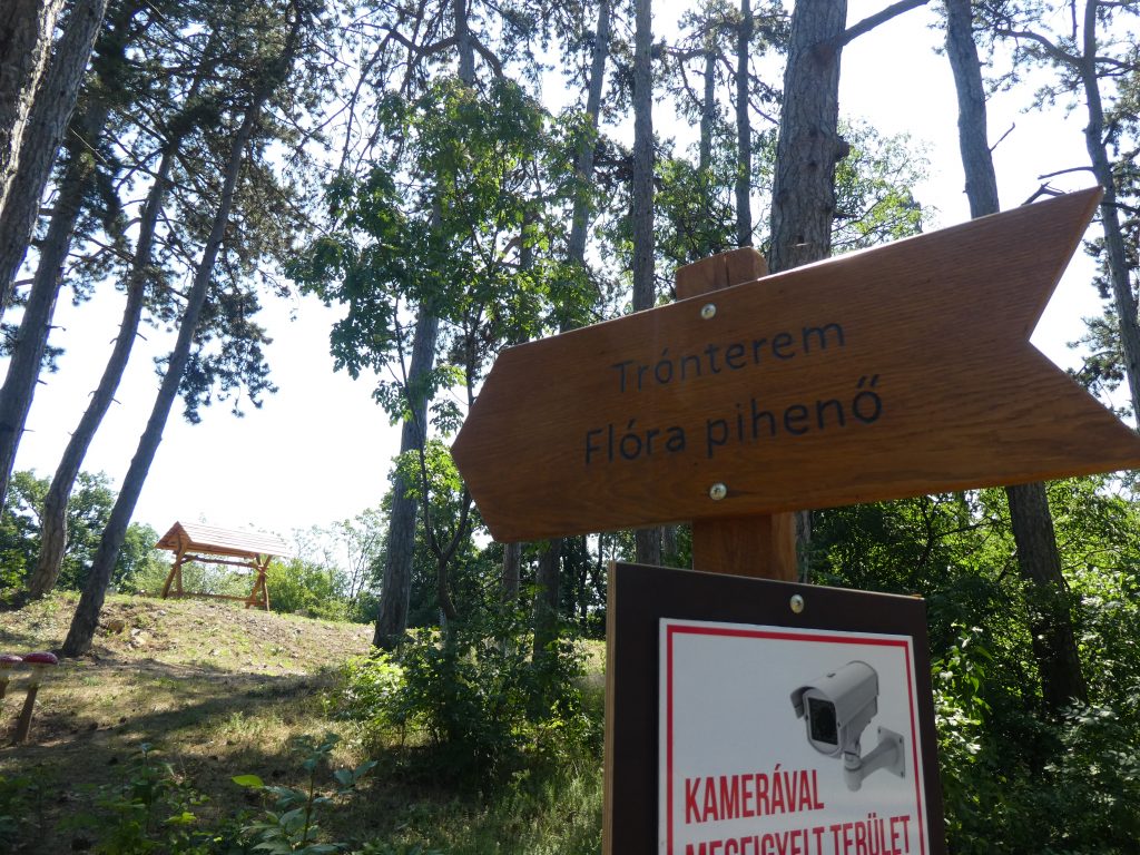 A trónteremhez vezető fa tábla. Felirata: Trónterem, Flóra pihenő.